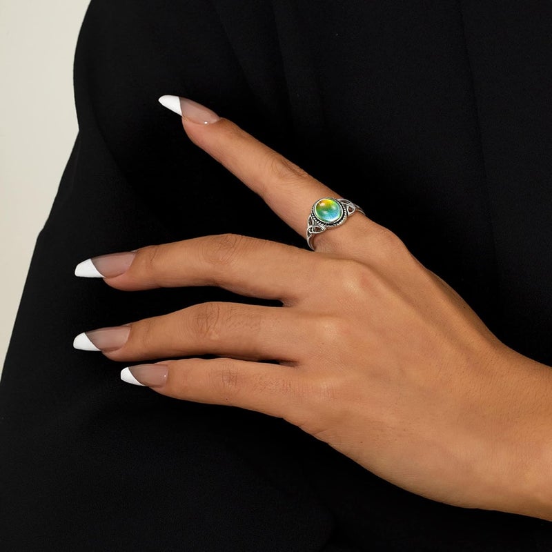Adramata 925 Sterling Silver Mood Ring for Women Vintage Celtic Knot Rings Jewelry 18K White Gold Plated Oval Solitaire Mood Ring Temperature Control Color Change Mood Ring - Image 3